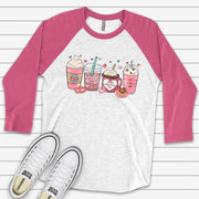 Valentine's Day Raglan, Cute Valentine Coffee Drinks, Valentine Coffee Design on premium Raglan 3/4 sleeve shirt, plus size, 2X, 3X