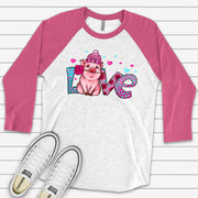 Valentine's Day Raglan, Cute Valentine Pig, LOVE Valentine Pig with Rose Design on premium Raglan 3/4 sleeve shirt, plus size, 2X, 3X