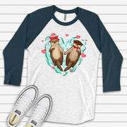 Valentine's Day Raglan, Cute Otter Valentine Couple, Valentine Otters Design on premium Raglan 3/4 sleeve shirt, plus size, 2X, 3X