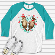 Valentine's Day Raglan, Cute Otter Valentine Couple, Valentine Otters Design on premium Raglan 3/4 sleeve shirt, plus size, 2X, 3X