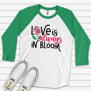 Valentine's Day Raglan, Cute Love Is Always In Bloom, Valentine Love Flower Design on premium Raglan 3/4 sleeve shirt, plus size, 2X, 3X