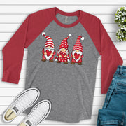 Valentine's Day Raglan, Cute  Trio of Valentine Gnomes, Red and White Gnomes Design on premium Raglan 3/4 sleeve shirt, plus size, 2X, 3X