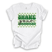 St Patrick's Day, Fun St Patrick's Checkered Shake Your Shamrocks Design, premium unisex tee, 3 color choices, 3x st patrick, 4x st patrick