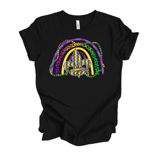 Mardi Gras Tee, Mardi Gras Rainbow with Fleur De Lis & Beads Design on premium unisex shirt, 3 color choices, 3x Mardi Gras, 4x Mardi Gras