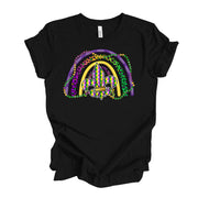 Mardi Gras Tee, Mardi Gras Rainbow with Fleur De Lis & Beads Design on premium unisex shirt, 3 color choices, 3x Mardi Gras, 4x Mardi Gras