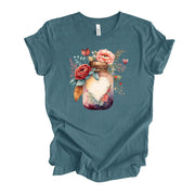 Valentine's Day Tee, Pretty Watercolor Flowers in Heart Jar Design, premium unisex shirt, 4 color choices, 2X, 3X, 4X, plus sizes available
