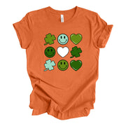 St Patrick's Day Tee, Super Cute Hearts, Clovers and Smiley Faces Design, premium unisex tee, 3 color choices, 3x st patrick, 4x st patrick