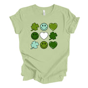 St Patrick's Day Tee, Super Cute Hearts, Clovers and Smiley Faces Design, premium unisex tee, 3 color choices, 3x st patrick, 4x st patrick