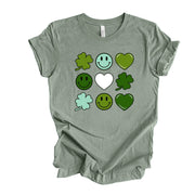 St Patrick's Day Tee, Super Cute Hearts, Clovers and Smiley Faces Design, premium unisex tee, 3 color choices, 3x st patrick, 4x st patrick